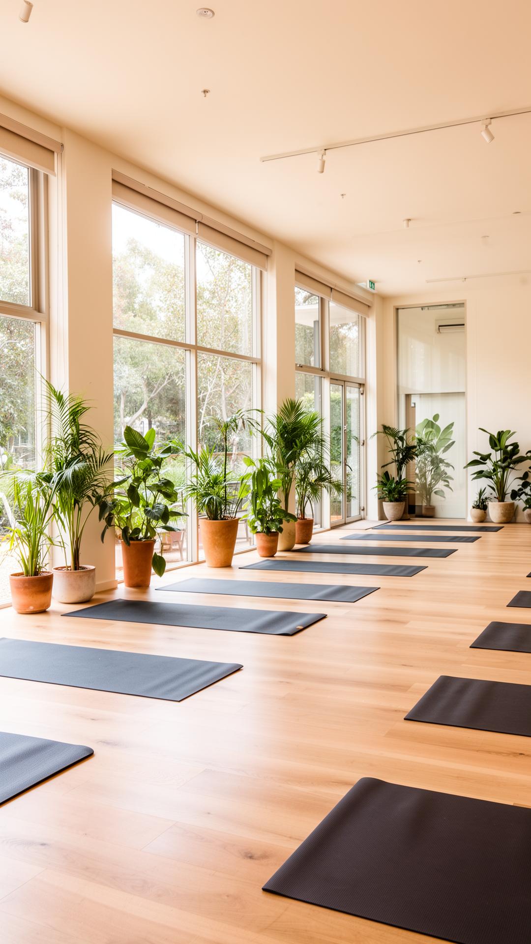 Bright Australian yoga and pilates studio with mats and plants